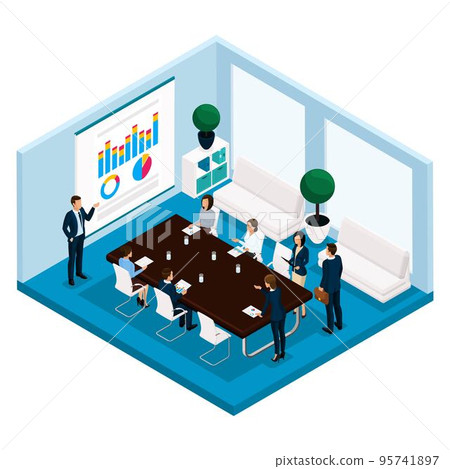 Trend isometric people, a room, an office manager is a front view, a large office desk, negotiation, meeting, board, meeting, brainstorm, businessmen in suits isolated on a light background Trend isometric people, a room, an office manager is a front view, a large office desk, negotiation, meeting, board, meeting, brainstorm, businessmen in suits isolated on a light background 95741897