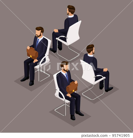 Trend Isometric People Set 3, 3D businessmen in suits, sitting on a chair, front view and rear view isolated on a dark background. Vector illustration Trend Isometric People Set 3, 3D businessmen in suits, sitting on a chair, front view and rear view isolated on a dark background. Vector illustration 95741905