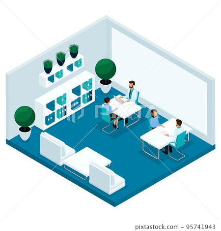 Trendy isometric people, a hospital room, doctor's office, the doctor is receiving patients, the surgeon, the patient are isolated on a light background 95741943