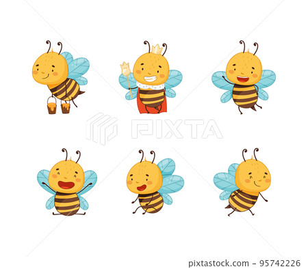 Cute happy funny honey bees set. Beekeeping and apiculture cartoon vector illustration Cute happy funny honey bees set. Beekeeping and apiculture cartoon vector illustration 95742226