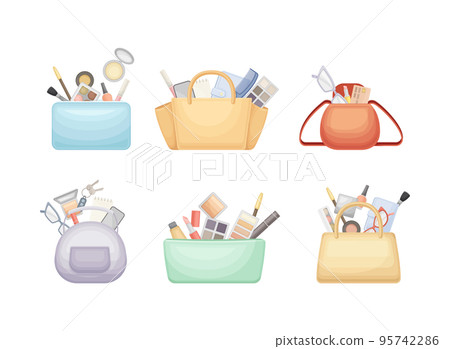 Set of cosmetic bags with makeup products. Powder, blush, eye shadow, foundation, brushes, glasses, lipstick vector illustration Set of cosmetic bags with makeup products. Powder, blush, eye shadow, foundation, brushes, glasses, lipstick vector illustration 95742286