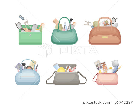 Set of cosmetic bags with makeup products. Powder, blush, eye shadow, foundation, brushes vector illustration 95742287