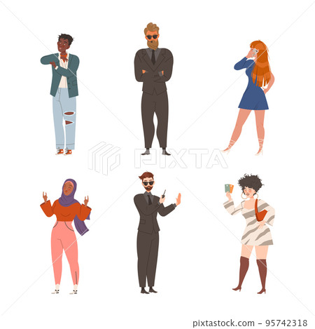 Stylish people in fashion casual outfit set. Fashionable men and women vector illustration Stylish people in fashion casual outfit set. Fashionable men and women vector illustration 95742318