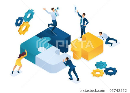 Isometric people connecting puzzle elements. Symbol of teamwork. Concept for web design Isometric people connecting puzzle elements. Symbol of teamwork. Concept for web design 95742352
