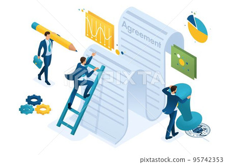 Isometric study of the text of the agreement by employees of the company and signing of the contract. Concept for web design 95742353