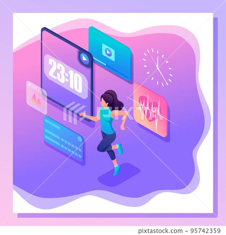 Isometric bright young woman concept, athlete trains using device Isometric bright young woman concept, athlete trains using device 95742359