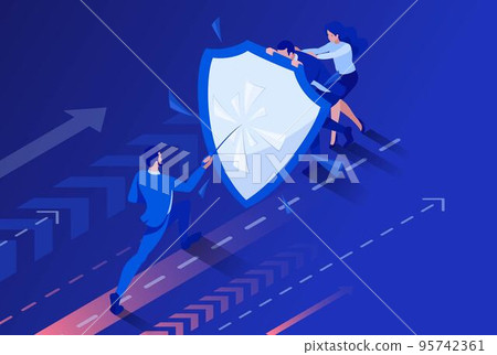 Isometric Business businessmen hiding behind a shield from attack. Concept for web design 95742361