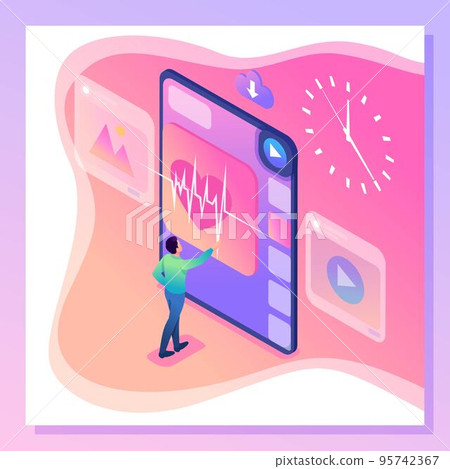 Isometric bright man concept running on virtual screen, health care 95742367