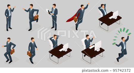 Isometric people, 3d entrepreneurs, different concept scenes, emotions and gestures businessman, superman, management and production isolated gray background 95742372
