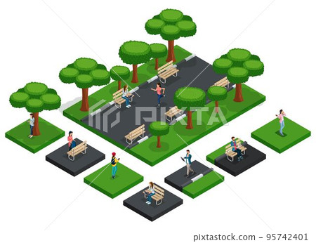 Isometric vector Fashion people, teenagers 3D icon set for creation of the park with people jogging, city park benches, fresh air insulated 95742401