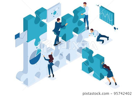 Isometric young entrepreneurs team working on the creation of the project. Concept for web design 95742402