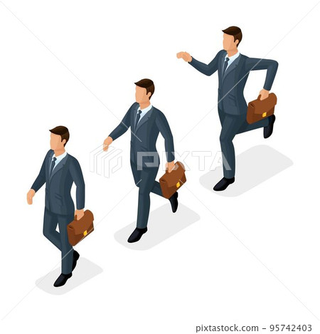 Trendy isometric people, 3d businessmen, movement jogging, fast step, goal achievement, young businessman with briefcase isolated on white background 95742403