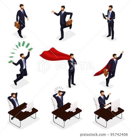 Trendy isometric vector people, 3d businessmen jumping, running, idea, joy, throwing money, business scene, young businessman on white background 95742406