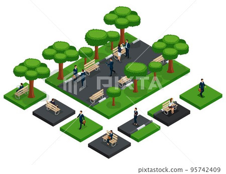 Trendy People Isometric vector 3D businessmen and business woman icons to create your own urban park benches, fresh air, business communication isolated Trendy People Isometric vector 3D businessmen and business woman icons to create your own urban park benches, fresh air, business communication isolated 95742409