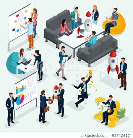Trendy isometric people, 3d businessman, concept with young people, development of start-up, team of specialists, students, business creation, brainstorming, business 95742417