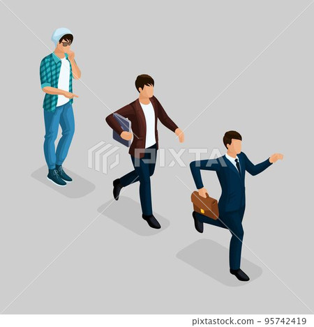 Trendy isometric people, 3d businessman, development start-up, creative freelancer, team of professionals, business creation, career growth, business concept on a gray Trendy isometric people, 3d businessman, development start-up, creative freelancer, team of professionals, business creation, career growth, business concept on a gray 95742419