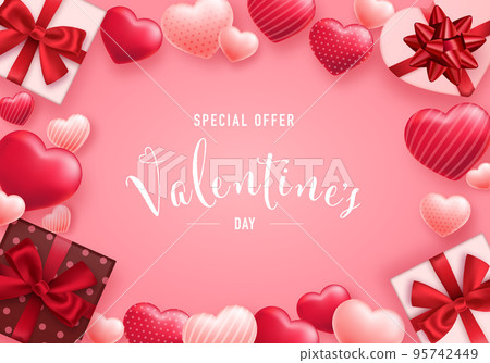 Valentine's day illustration background of hearts and gift boxes (sale, banner, promotion) 95742449