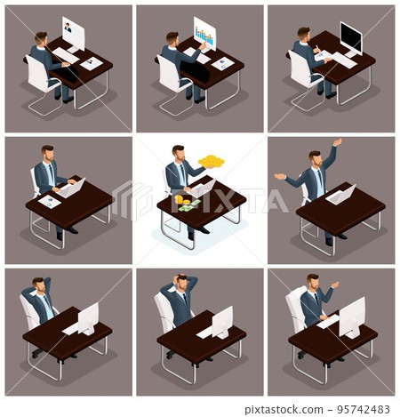 Trendy isometric people vector, 3d businessmen office work, business scene related to young businessman, concept of a working businessman at a table on a dark background Trendy isometric people vector, 3d businessmen office work, business scene related to young businessman, concept of a working businessman at a table on a dark background 95742483