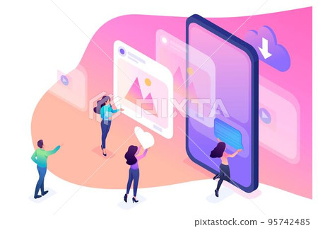 Isometric bright concept learning the correct profile design in social networks. Concept for web design Isometric bright concept learning the correct profile design in social networks. Concept for web design 95742485