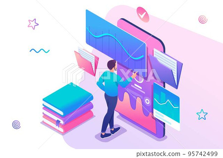 Isometric concept Man watching a lesson on the website, online training, e-learning. Mobile Application for training. Concept for web design Isometric concept Man watching a lesson on the website, online training, e-learning. Mobile Application for training. Concept for web design 95742499