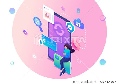 Isometric concept Update the mobile application system, the girl updates the system on her smartphone. Concept for web design 95742507