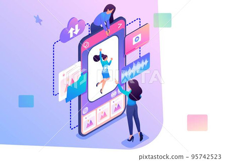 Young girls make a post on the social network. Uploading content to social networks concept. 3d isometric. Concept for web design Young girls make a post on the social network. Uploading content to social networks concept. 3d isometric. Concept for web design 95742523