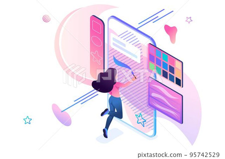 Young girl is engaged in creativity, draws on the smartphone screen using a software application. Creativity concept. 3d isometric. Concept for web design Young girl is engaged in creativity, draws on the smartphone screen using a software application. Creativity concept. 3d isometric. Concept for web design 95742529