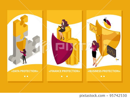Isometric Template app how to ensure full safety of your business, lawyer girl, smartphone apps 95742530