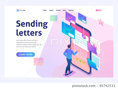 Young man creates New email message, send mail notification. New incoming message. Business correspondence. 3d isometric. For Landing page concepts and web design 95742531