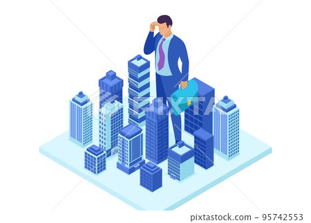 Isometric Bright site concept Big businessman looks down at the city, the concept of power. Concept for web design 95742553