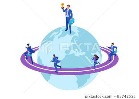 Isometric Bright site concept Businessman at the top of the world, entrepreneurs compete for leadership. Concept for web design Isometric Bright site concept Businessman at the top of the world, entrepreneurs compete for leadership. Concept for web design 95742555