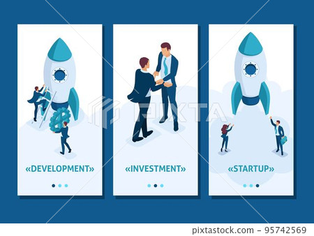 Isometric Template app development and startup business. Businessmen create a rocket, smartphone apps 95742569