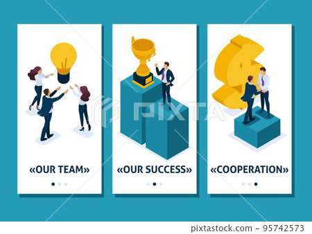 Isometric Template app Leadership qualities. Employees rejoice in the success teamwork, smartphone apps. Easy to edit and customize 95742573