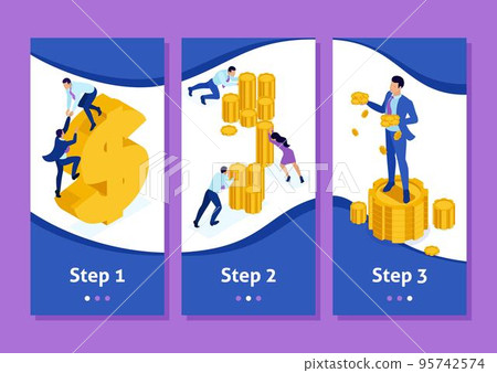 Isometric Template app microfinance organization, big businessman holding a lot of money, smartphone apps. Easy to edit and customize 95742574