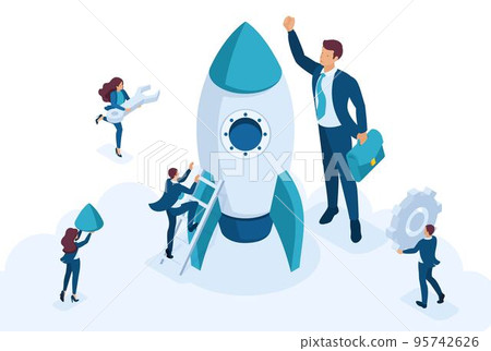 Isometric the concept development and startup business. Businessmen create a rocket. Concept for web design 95742626