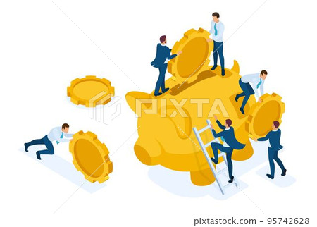 Isometric The concept of investing in a bank deposit, small people carry money. Concept for web design Isometric The concept of investing in a bank deposit, small people carry money. Concept for web design 95742628