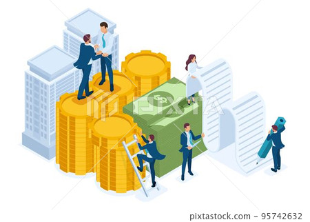 Isometric Bank employees draw up a mortgage loan, businessmen. Concept for web design 95742632