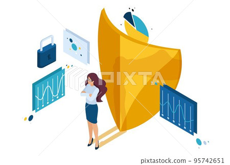 Isometric how to ensure full safety of your business, lawyer girl. Concept for web design 95742651