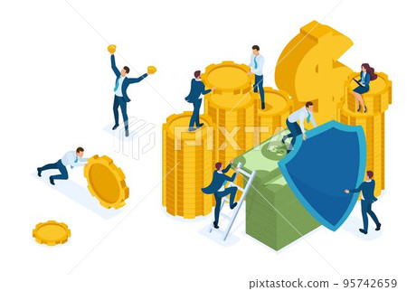 Isometric investment risk insurance, businessmen insure money and assets. Concept for web design 95742659