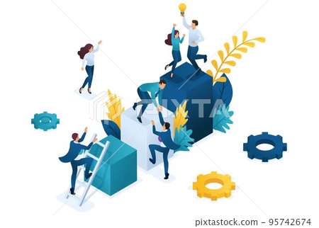 Isometric Team success. Teamwork. Together. Miniature people climb up. Concept for web design Isometric Team success. Teamwork. Together. Miniature people climb up. Concept for web design 95742674