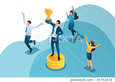 Isometric the team has achieved success, the businessman jumps with a Cup in hand. Concept for web design 95742678