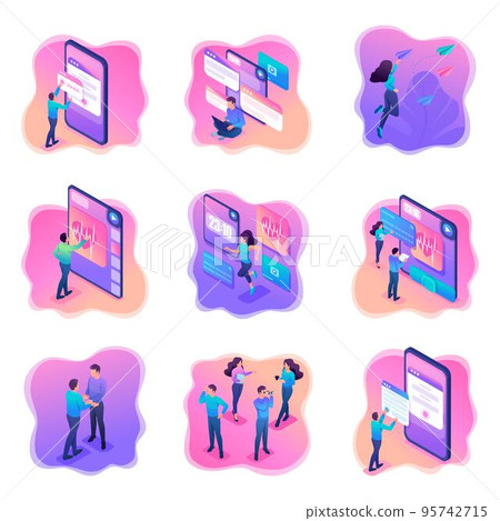 Isometric bright concepts with teenagers or young entrepreneurs. Vector illustration for website design 95742715