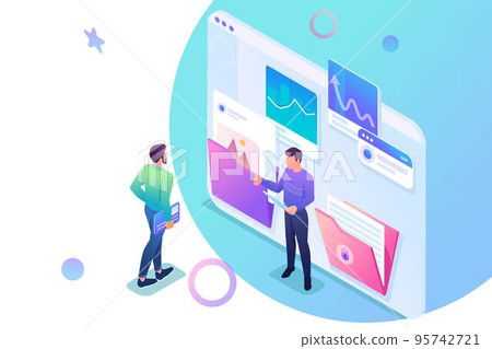 Isometric collecting and sending data for the report, young entrepreneurs discuss the data on the screen. Concept for web design Isometric collecting and sending data for the report, young entrepreneurs discuss the data on the screen. Concept for web design 95742721