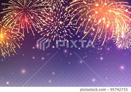 Realistic festive fireworks with transparency effect. Colorful explosion with bright sparks. Christmas or New Year greeting card design element. Diwali festival of lights. Vector illustration 95742735