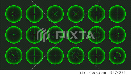 Various weapon night sights, sniper rifle optical scopes. Hunting gun viewfinder with crosshair. Aim, shooting mark symbol. Military target sign, silhouette. Game UI element. Vector illustration 95742761