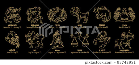 Zodiac signs, astrological horoscope signs. Contour golden drawings on a black background. Icons, vector Zodiac signs, astrological horoscope signs. Contour golden drawings on a black background. Icons, vector 95742951