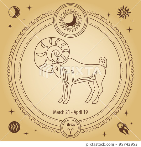 Aries Zodiac sign, astrological horoscope sign. Outline drawing in a decorative circle with mystical astronomical symbols. Vector 95742952