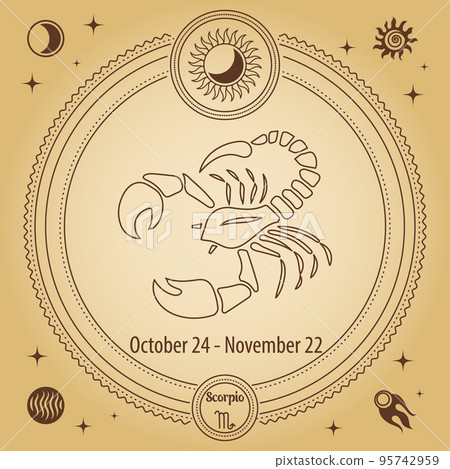 Zodiac sign Scorpio, astrological horoscope sign. Outline drawing in a decorative circle with mystical astronomical symbols. Vector Zodiac sign Scorpio, astrological horoscope sign. Outline drawing in a decorative circle with mystical astronomical symbols. Vector 95742959