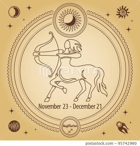 Zodiac sign Sagittarius, astrological horoscope sign. Outline drawing in a decorative circle with mystical astronomical symbols. Vector 95742960