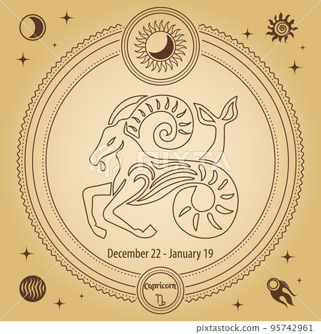 Capricorn zodiac sign, astrological horoscope sign. Outline drawing in a decorative circle with mystical astronomical symbols. Vector 95742961